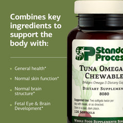 Standard Process Tuna Omega-3 Chewable packaging highlights gluten-free and non-dairy attributes.