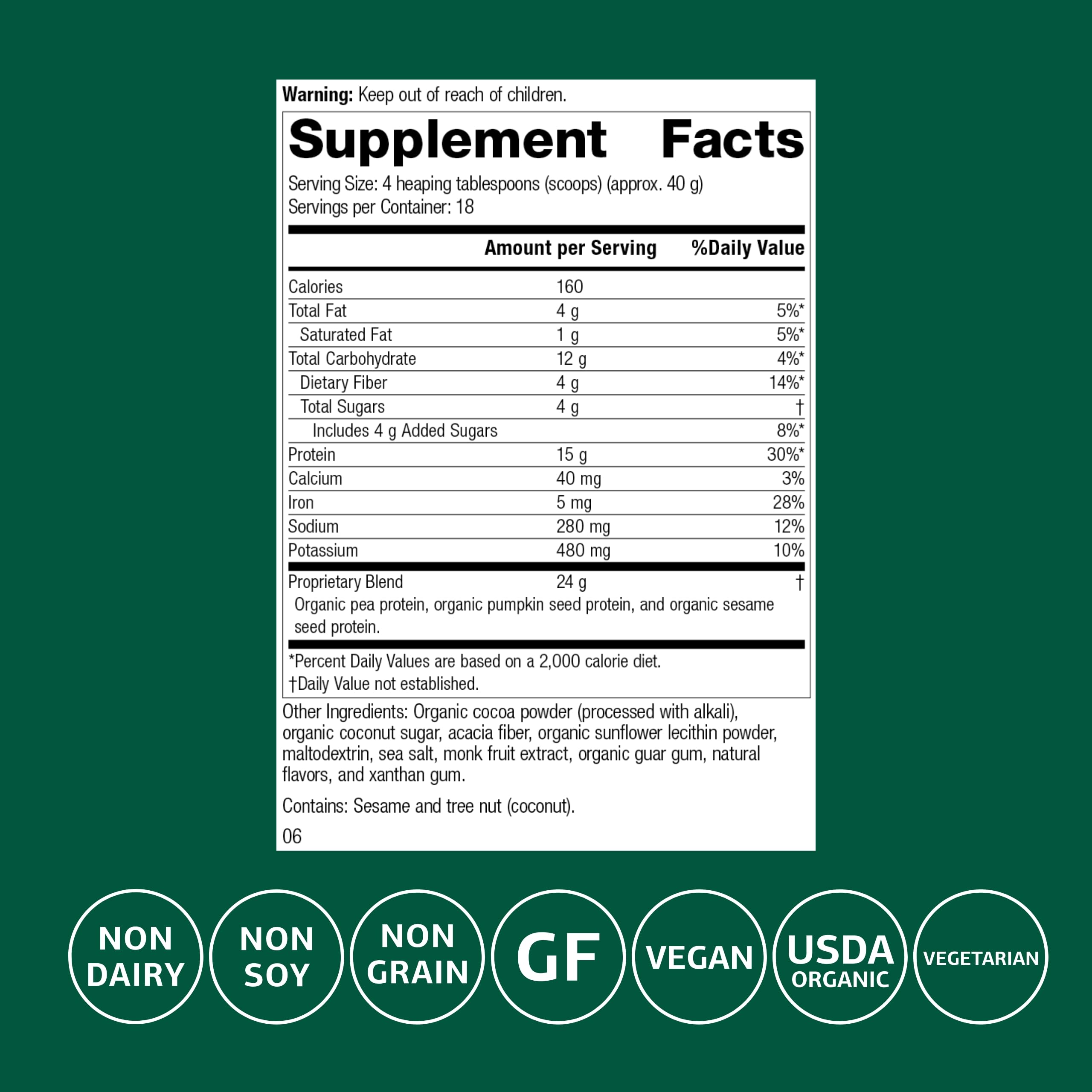 Standard Process Veg-E Complete Pro label, highlighting organic ingredients and iron-rich protein