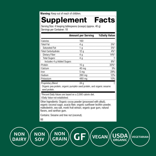 Standard Process Veg-E Complete Pro label, highlighting organic ingredients and iron-rich protein