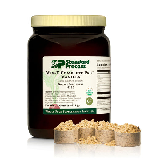 Standard Process Veg-E Complete Pro vanilla canister supports daily plant-based protein intake.