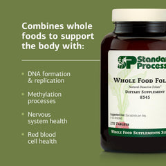 Close-up of Folate bottle beside greens showing whole-food origin