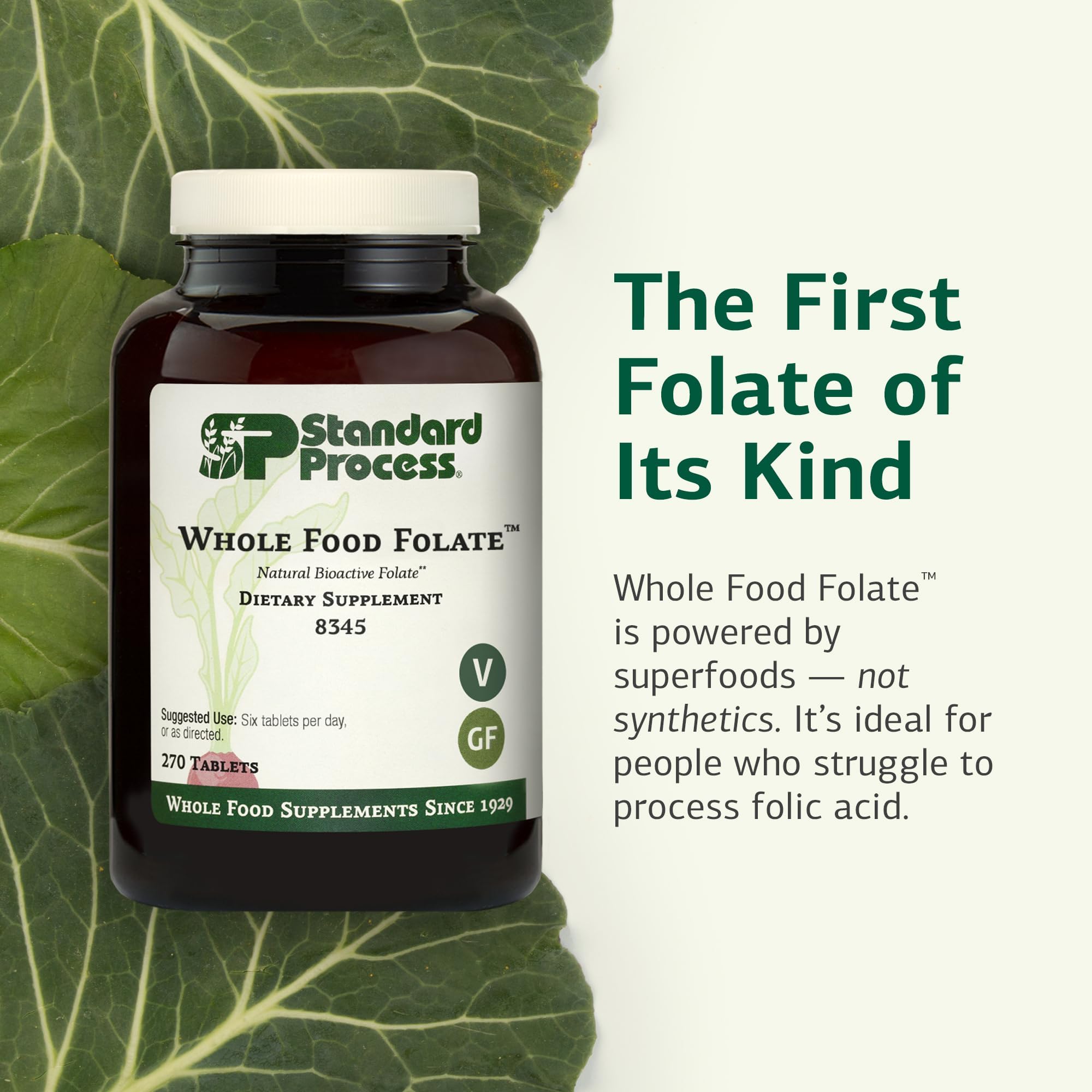 Front label of Standard Process Folate showing vegetarian gluten-free attributes
