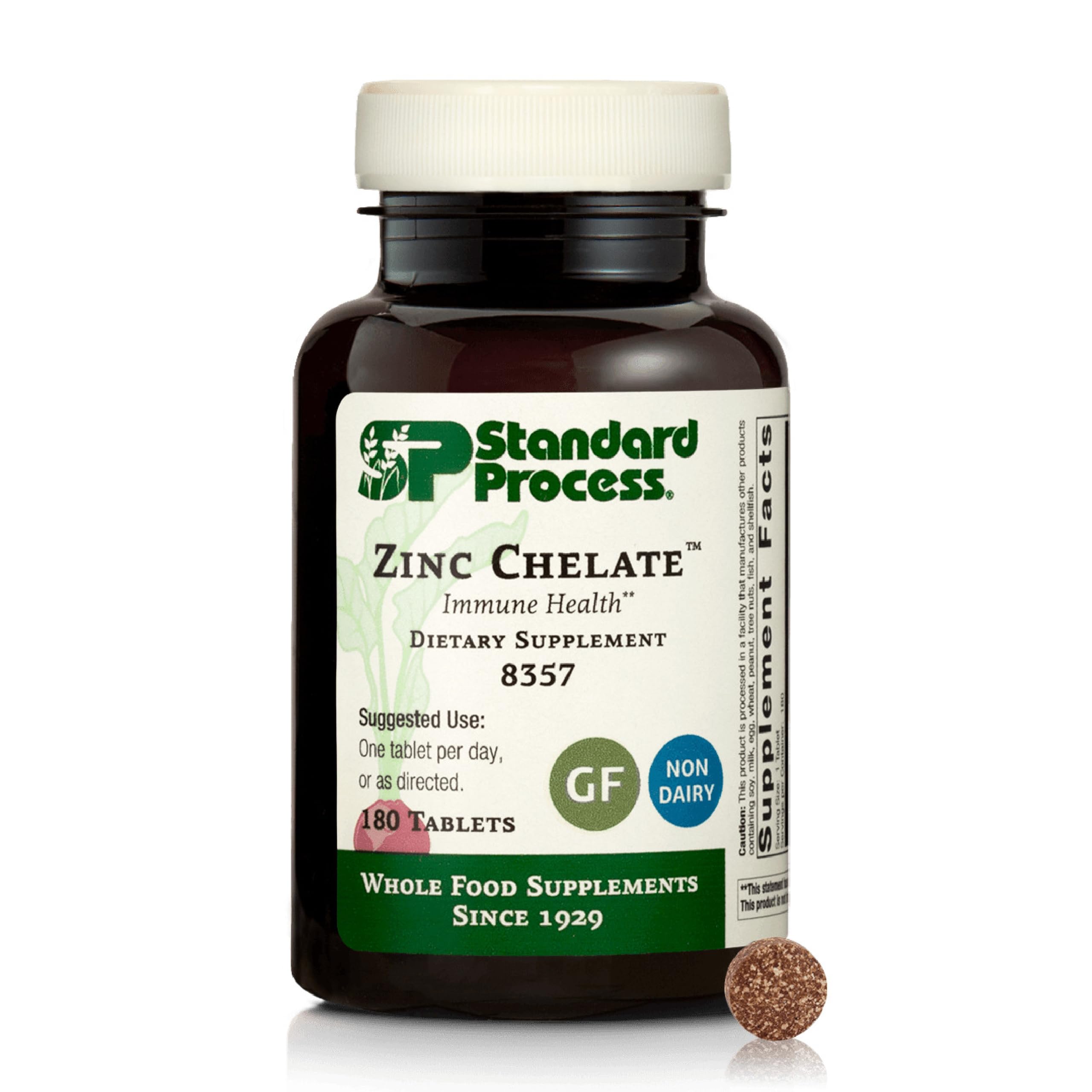 Standard Process Zinc Chelate bottle front highlighting immune support and skin health benefits.