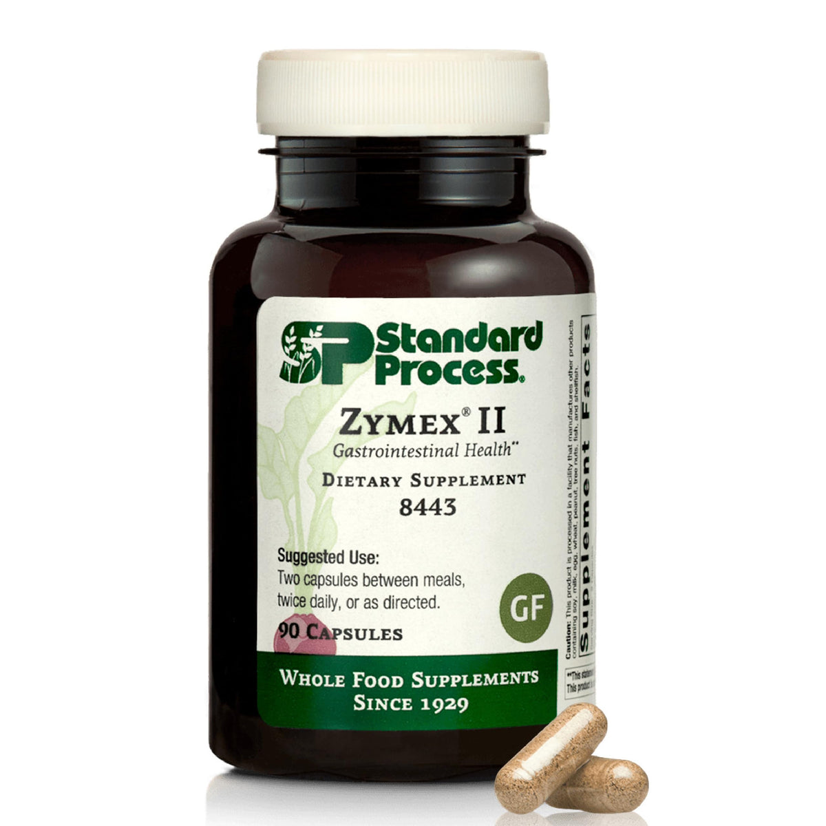 Standard Process Zymex II bottle label close-up highlighting digestive enzymes for GI support