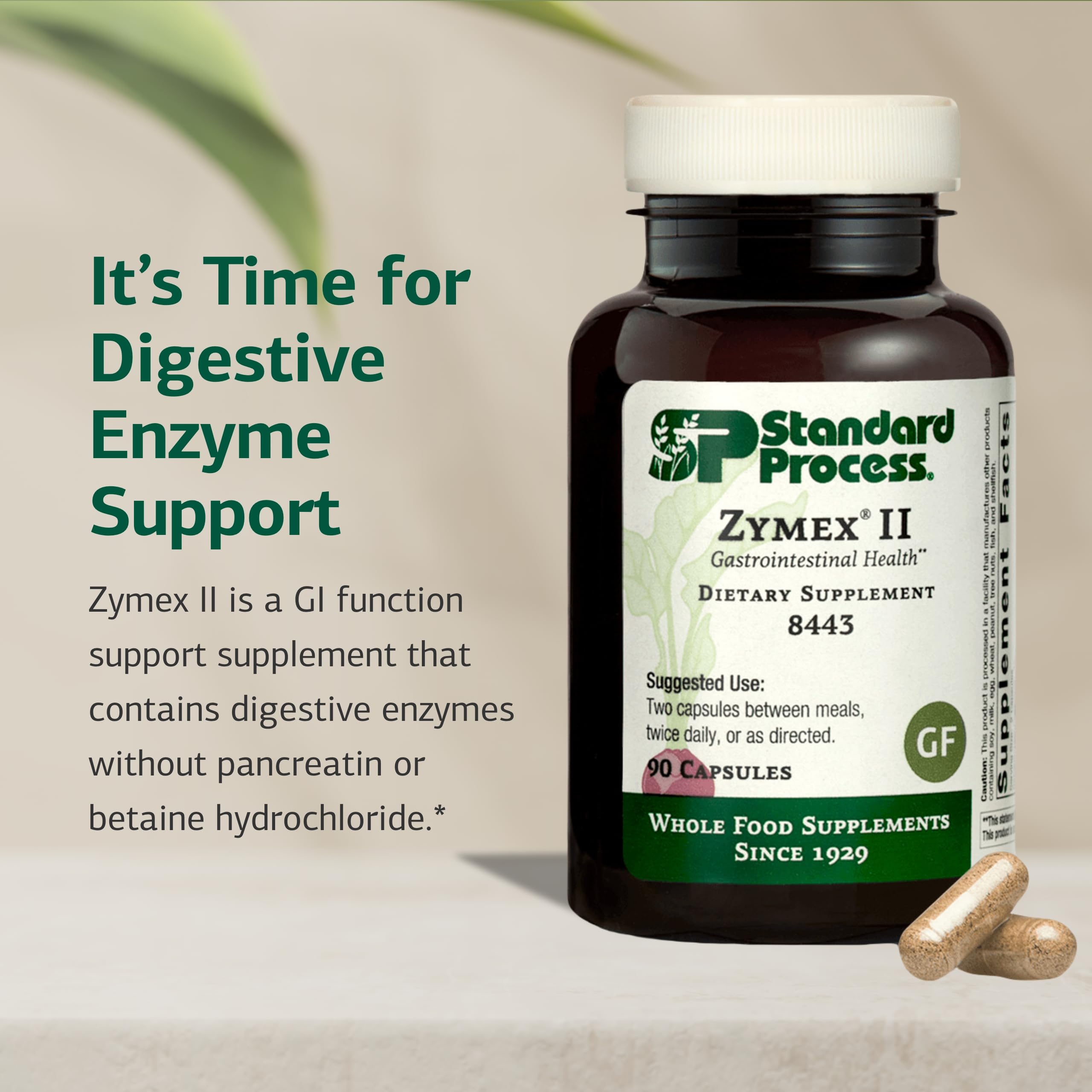 Standard Process Zymex II bottle open with capsules visible for digestive enzyme aid