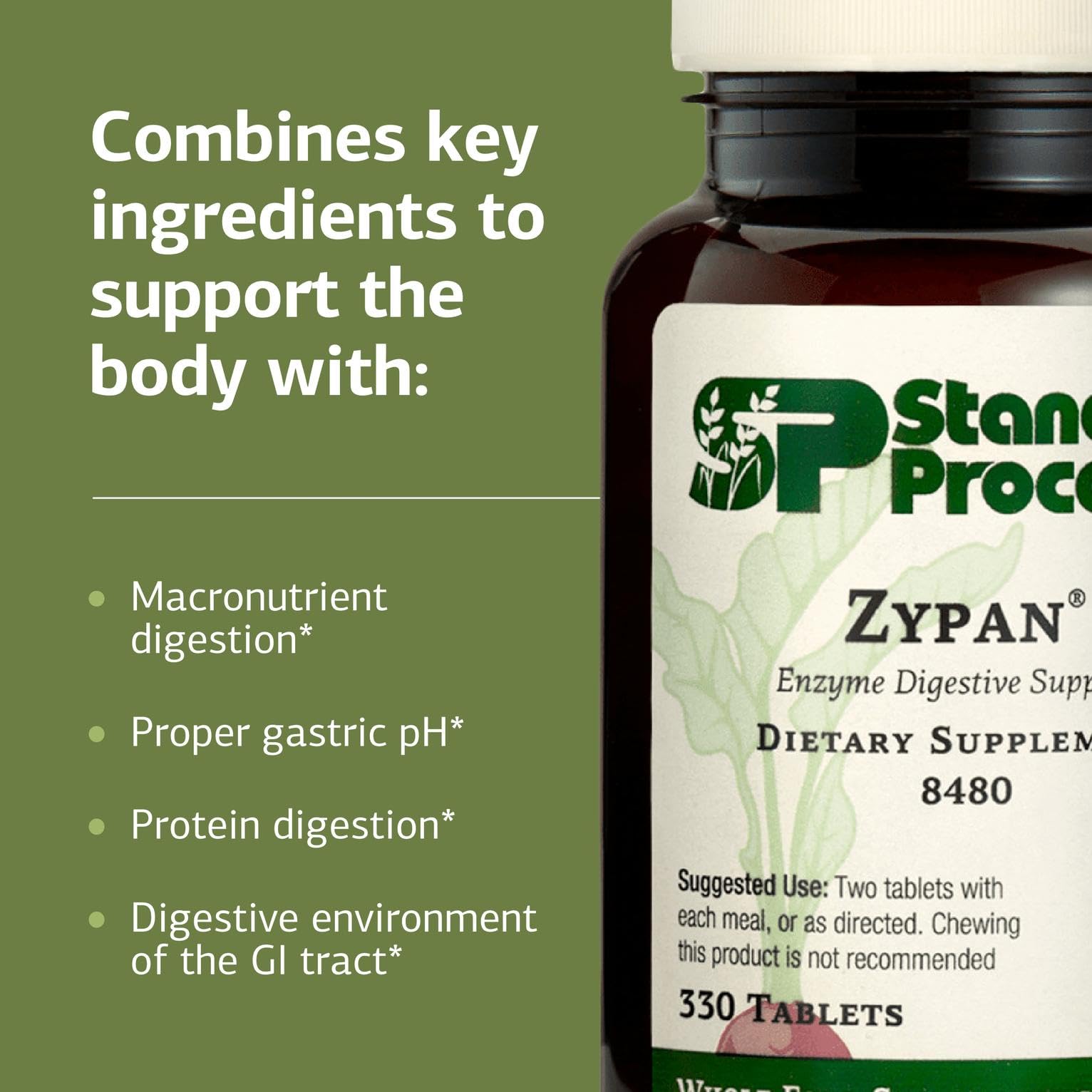 Zypan tablets dosed with meals for supported macronutrient digestion.