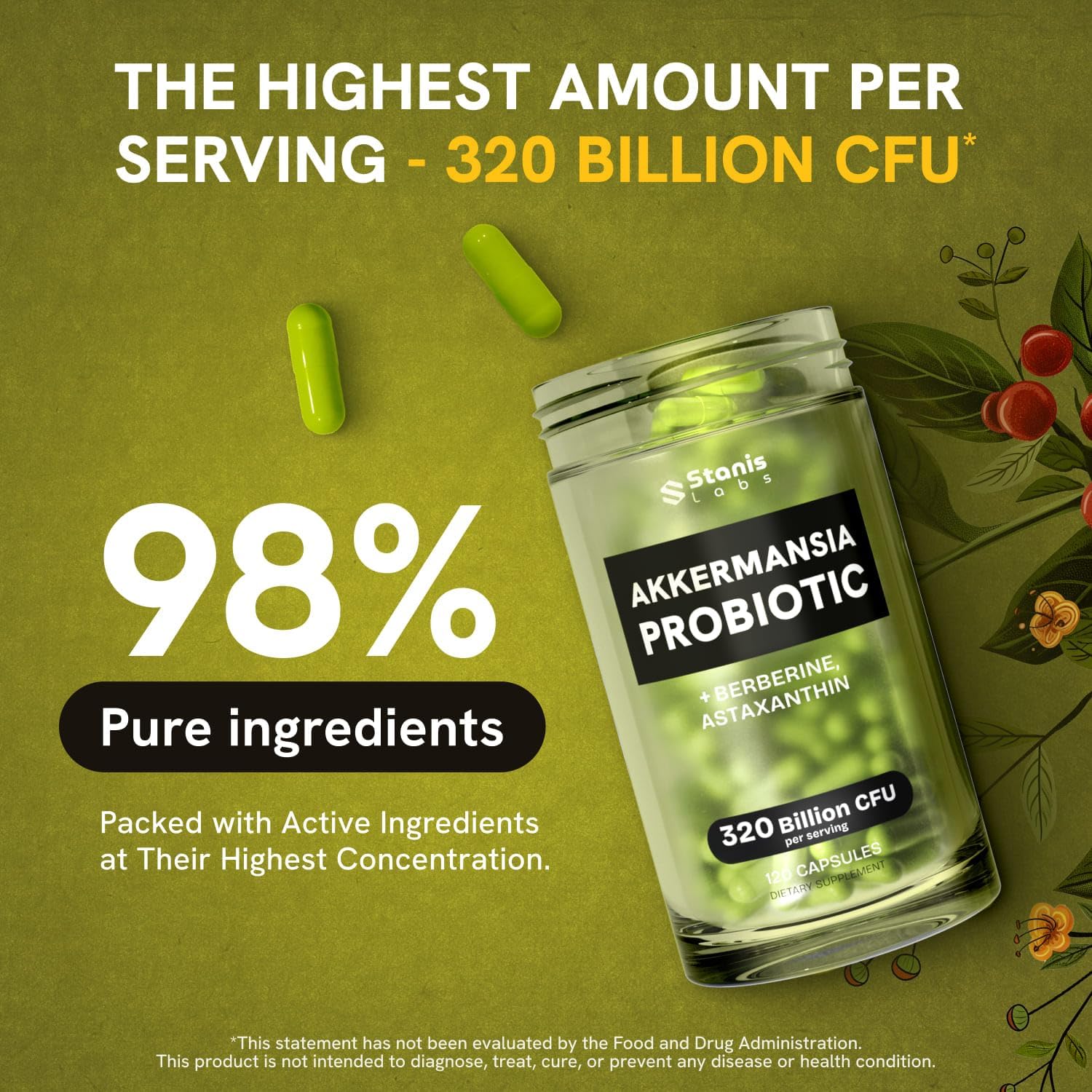 Stanis Labs Akkermansia bottle label close-up highlighting science-backed probiotic blend