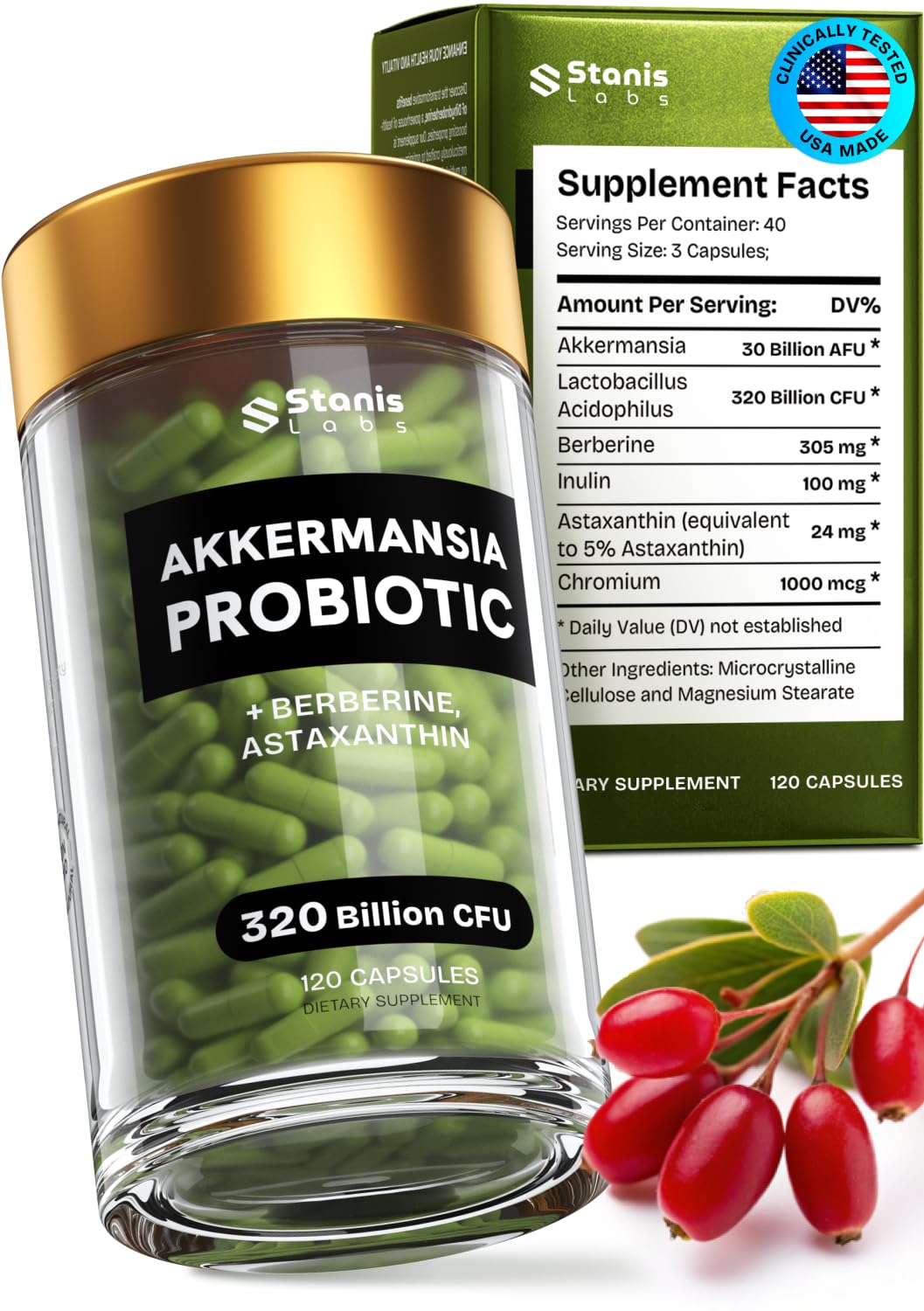 Stanis Labs Akkermansia bottle front for gut health support.