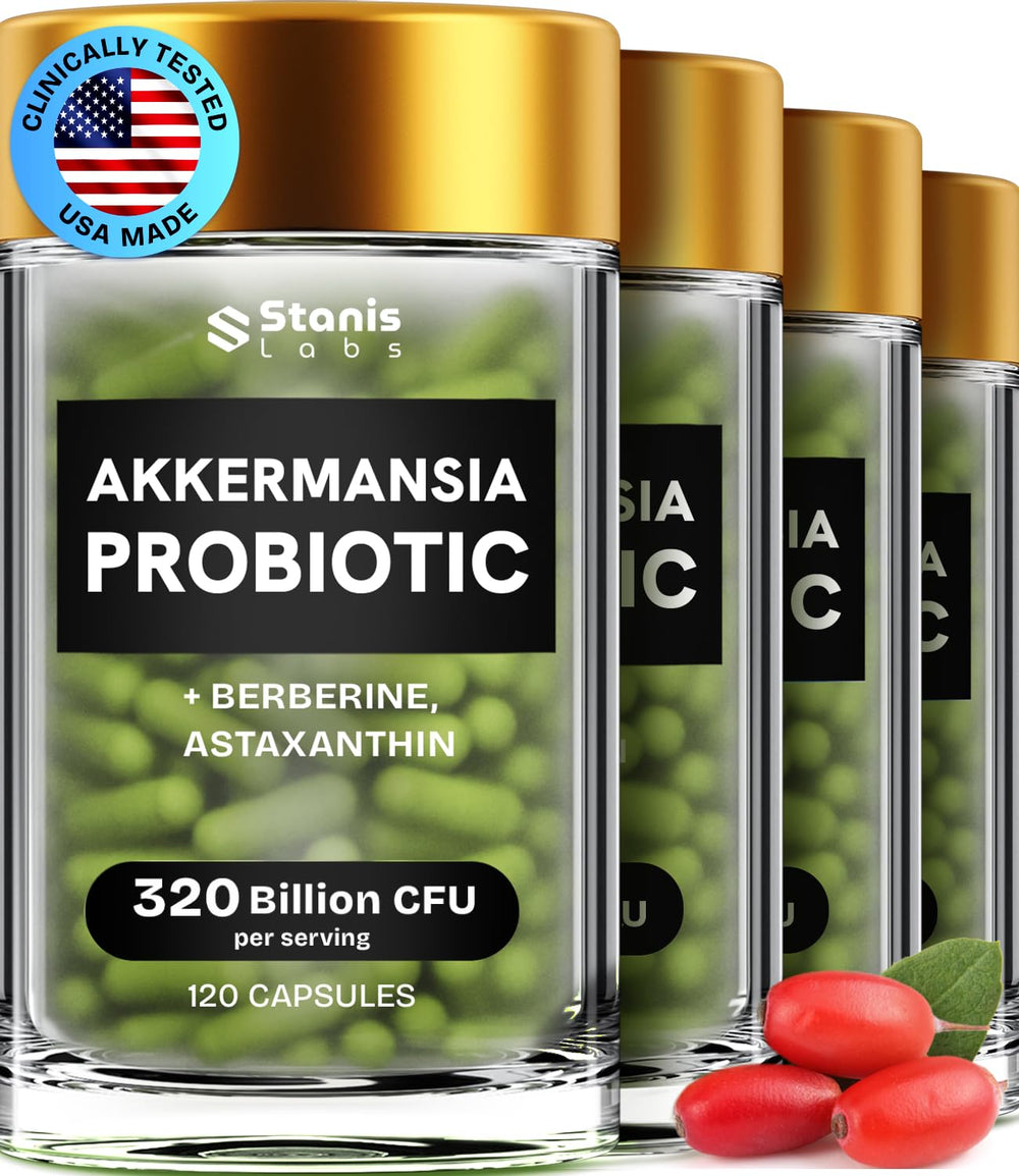 Stanis Labs Akkermansia bottle front promotes gut health support.