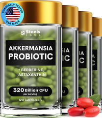 Stanis Labs Akkermansia bottle front promotes gut health support.