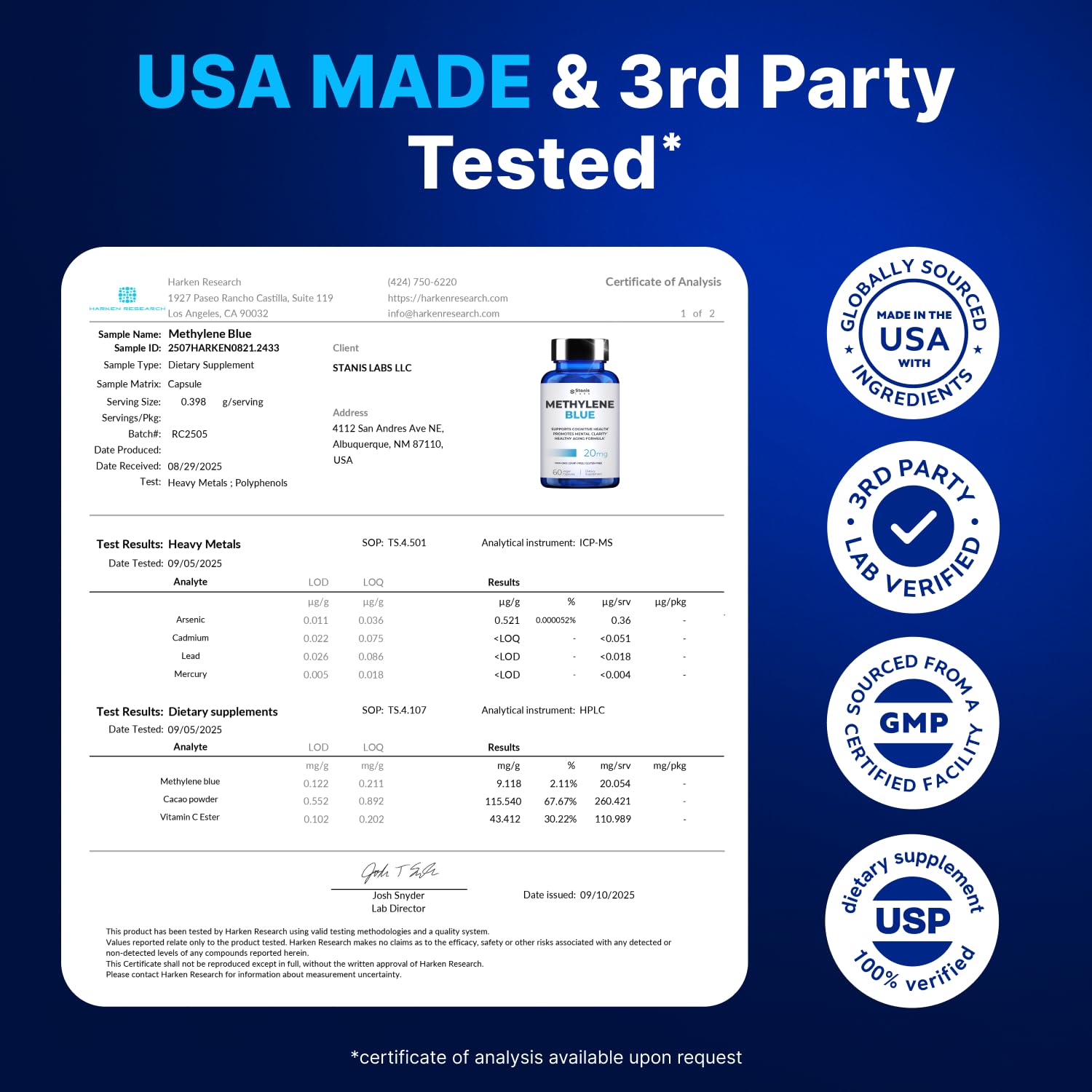 Stanis Labs product spotlight suggesting memory and focus support with pharmaceutical-grade methylene blue