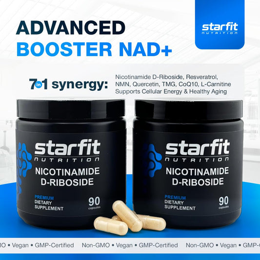STARFIT nicotinamide d-riboside capsules closeup emphasizes easy-to-swallow design.