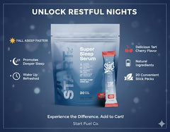 Stick-pack dispense moment showing on-the-go sleep support from Start Fuel Co.
