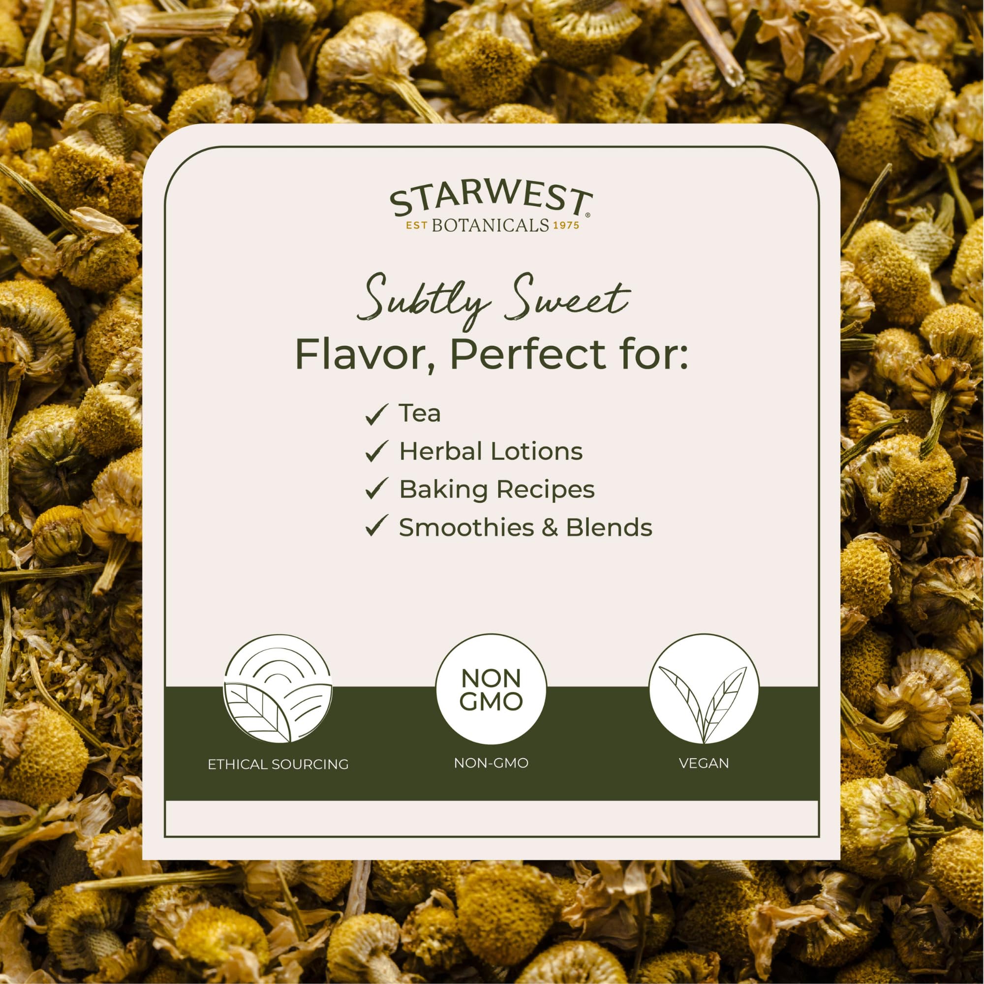 One pound bulk bag of organic chamomile flowers from Starwest