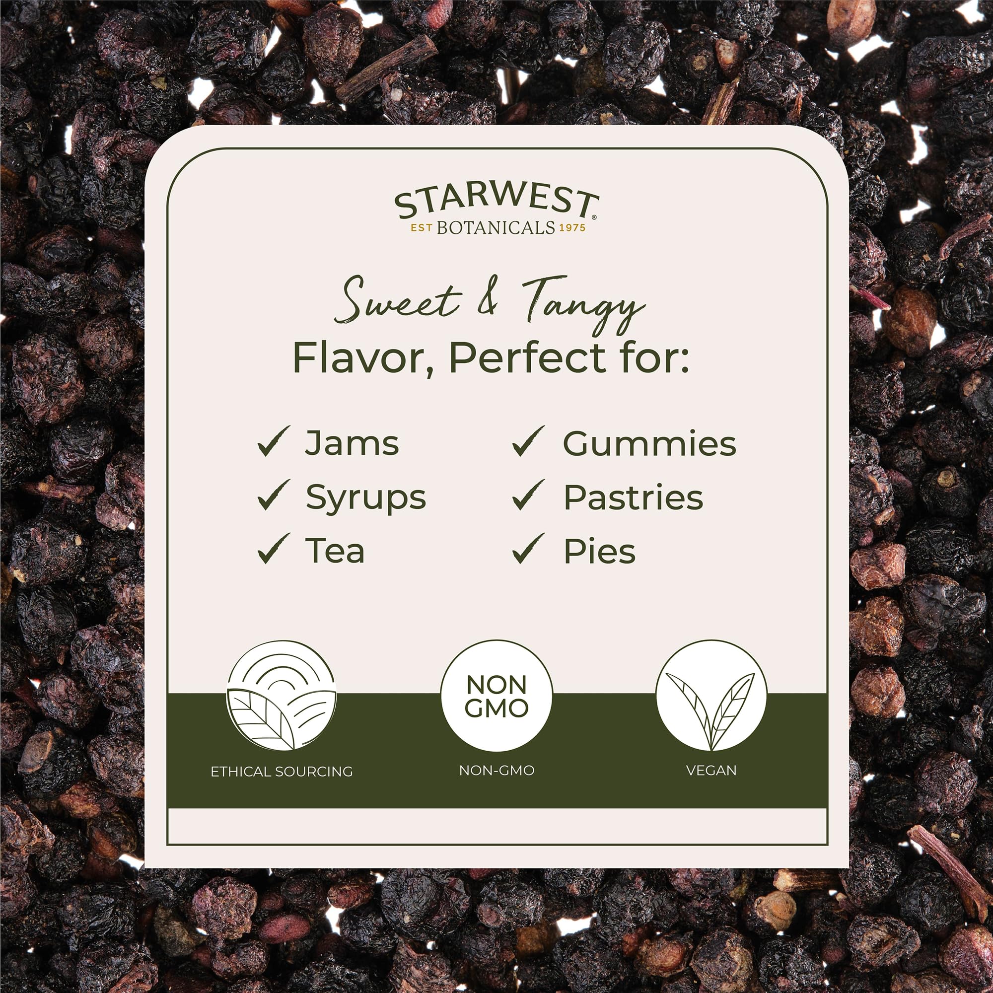 Starwest Botanicals dried elderberries ready to steep in a comforting tea.