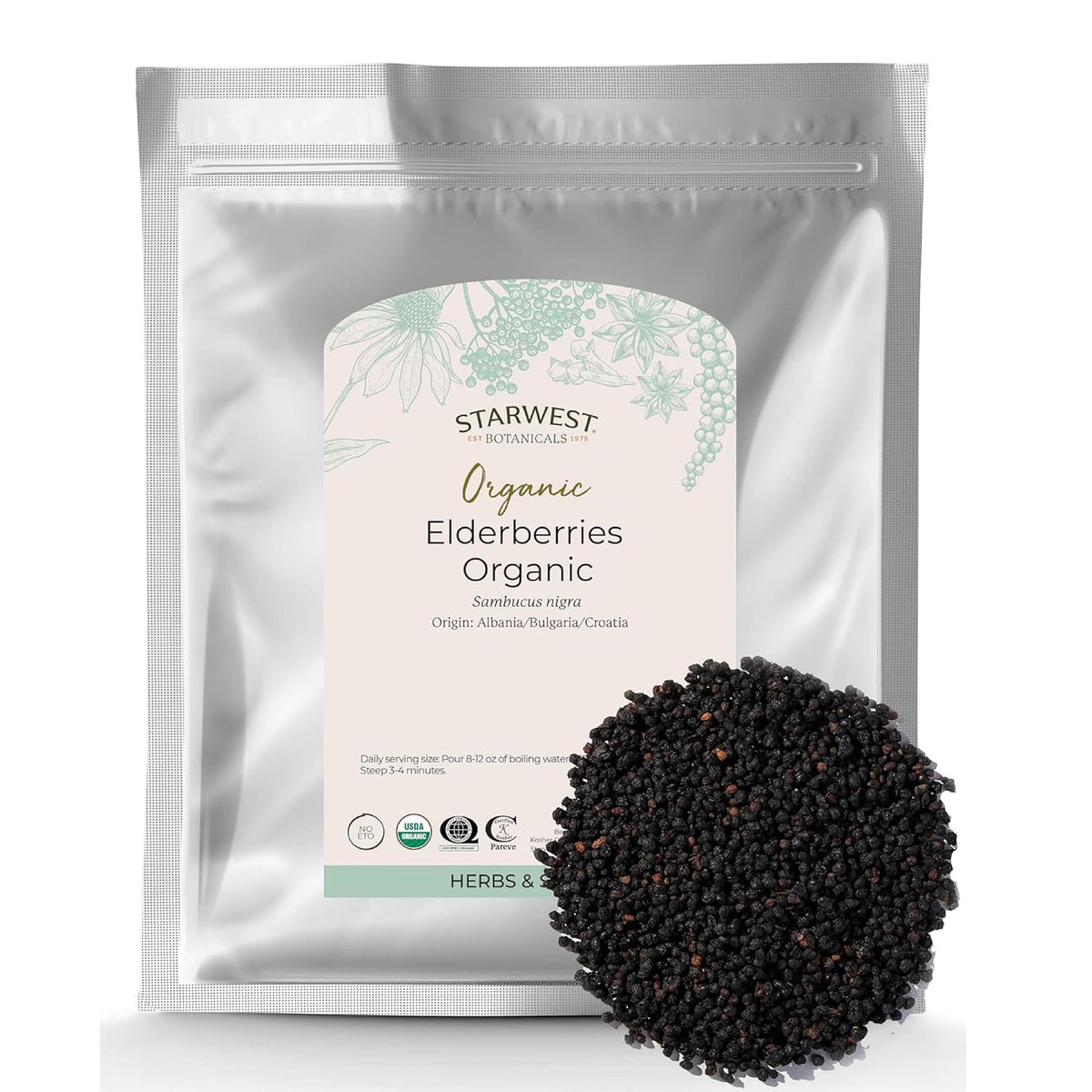 Starwest Botanicals organic elderberries dried close-up for tea and syrups.