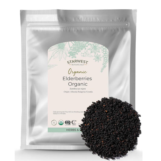 Starwest Botanicals organic elderberries dried close-up for tea and syrups.