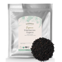 Starwest Botanicals organic elderberries dried close-up for tea and syrups.