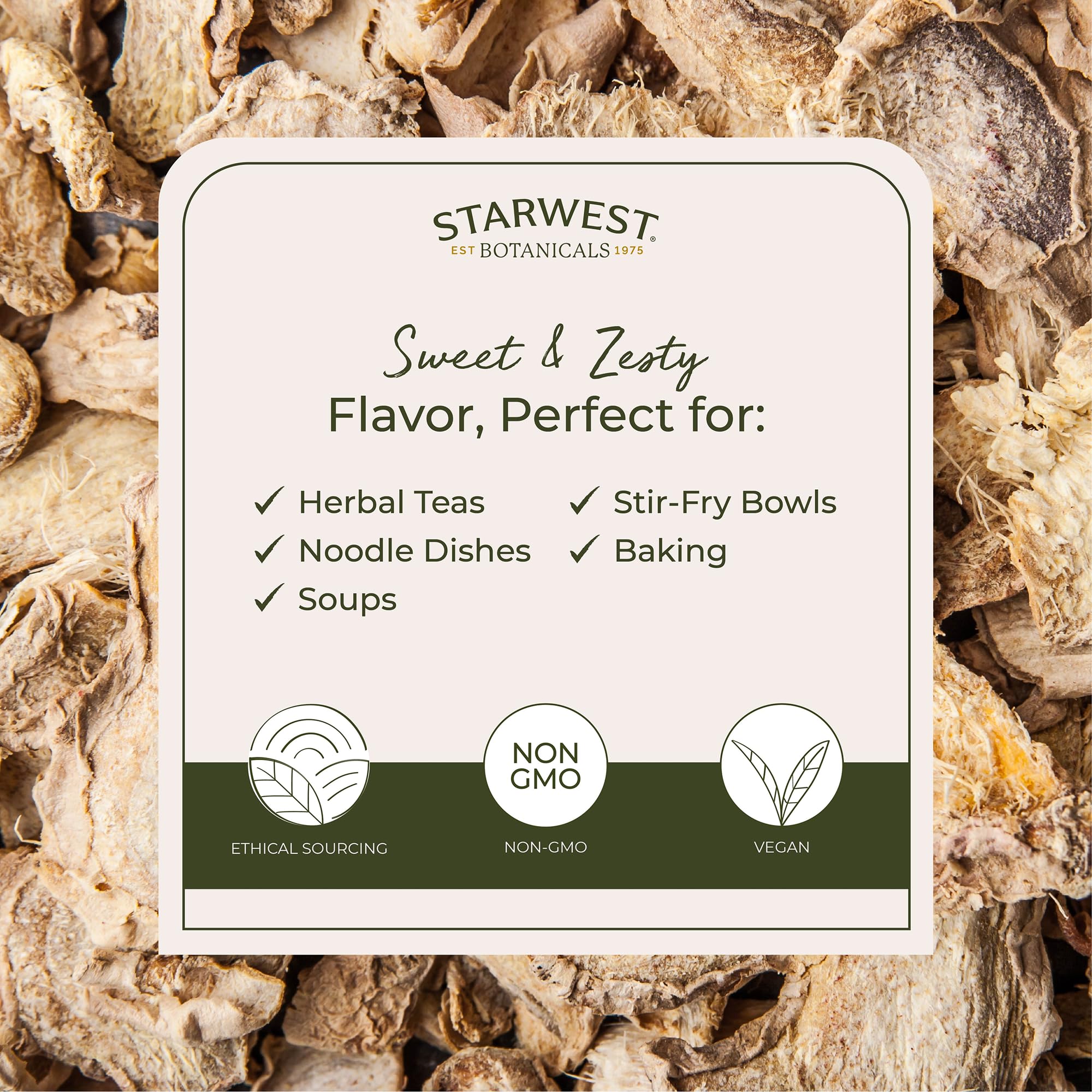 Starwest Botanicals Organic Ginger Root for tea infusion, delivering warm aroma and gentle heat.