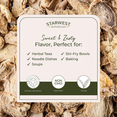 Starwest Botanicals Organic Ginger Root for tea infusion, delivering warm aroma and gentle heat.