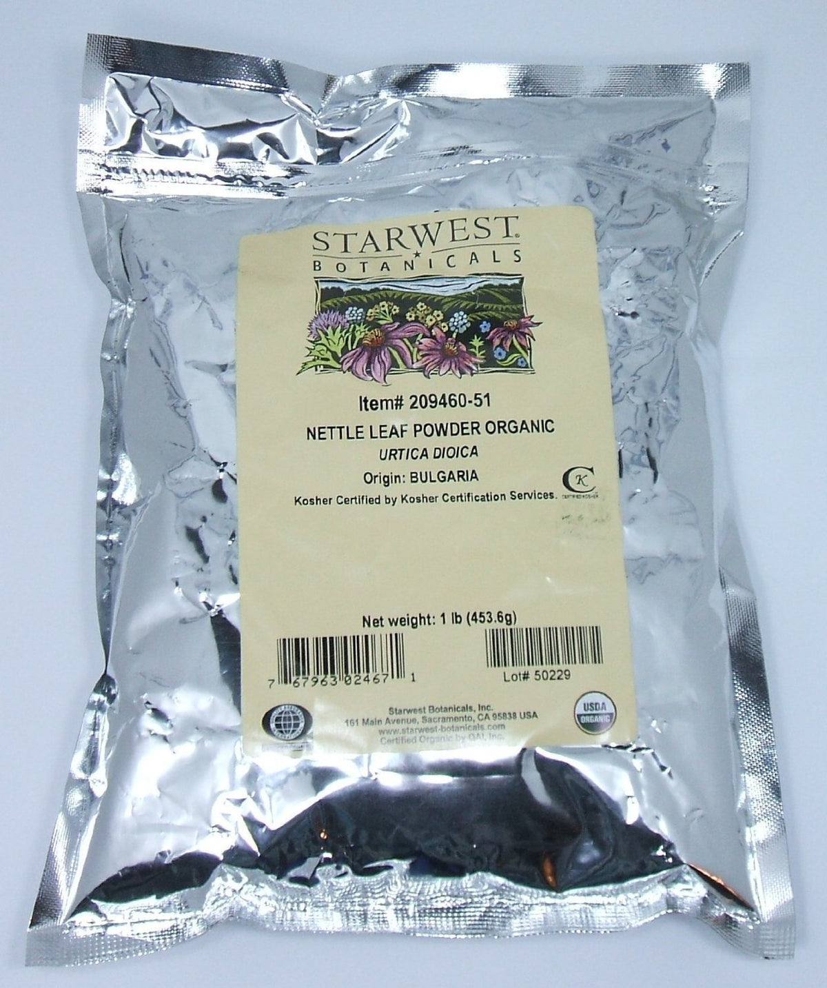 Starwest Botanicals nettle leaf powder 1lb bag close-up texture for blends