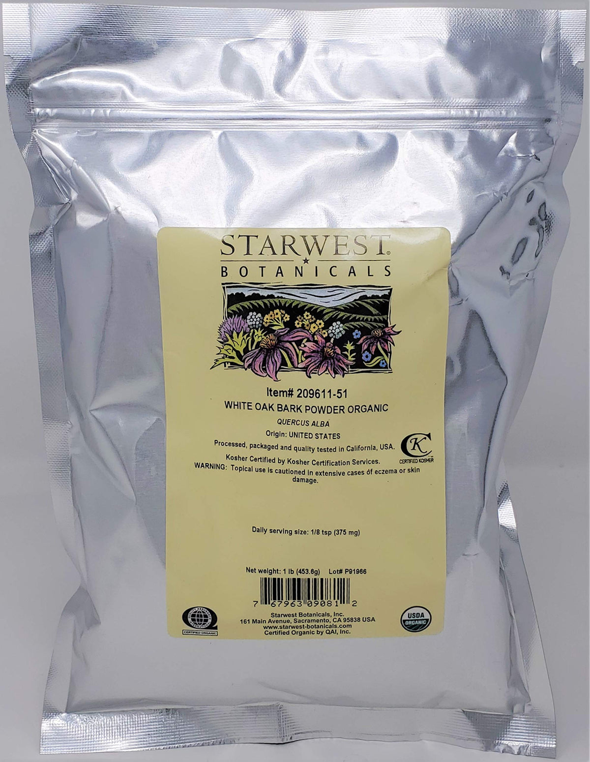 Starwest Botanicals Organic White Oak Bark Powder in resealable packaging for easy blend preparation