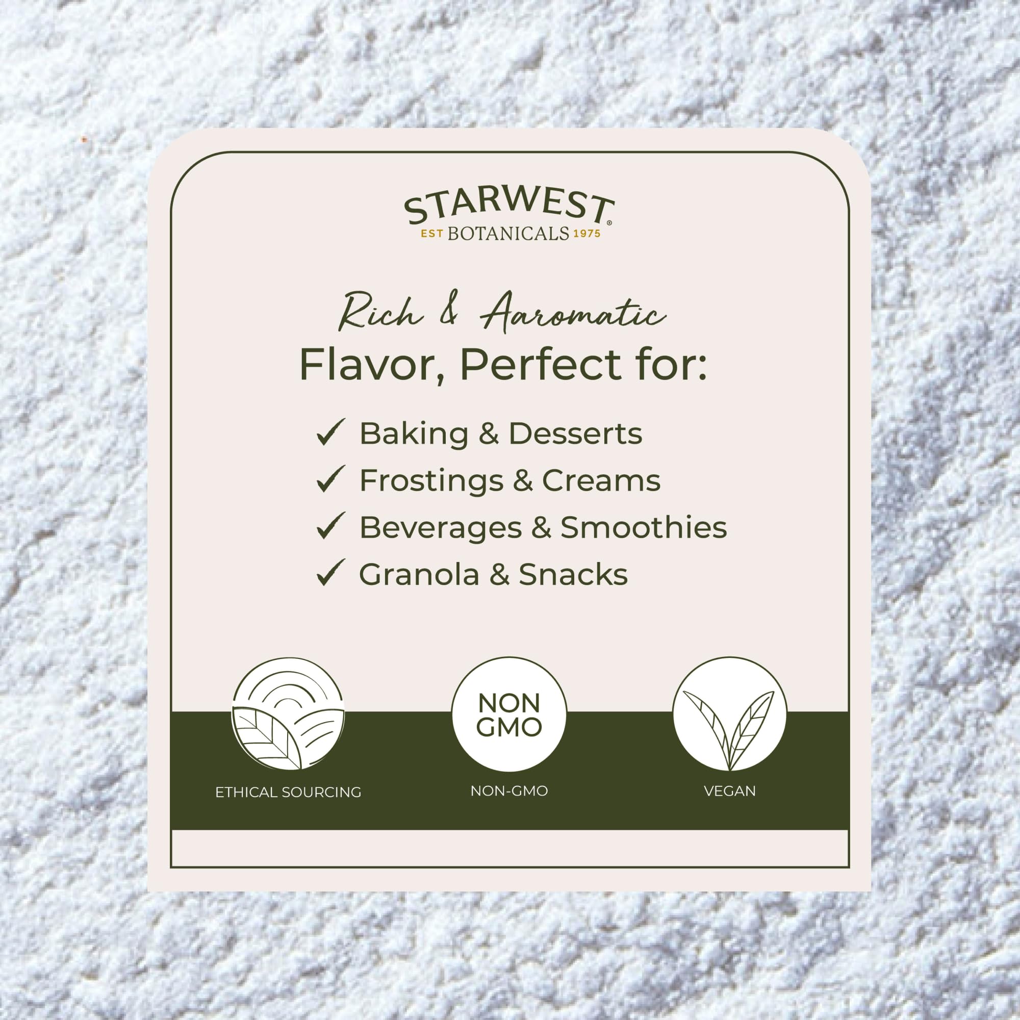Close-up view of fine vanilla powder with aroma from Starwest Botanicals.
