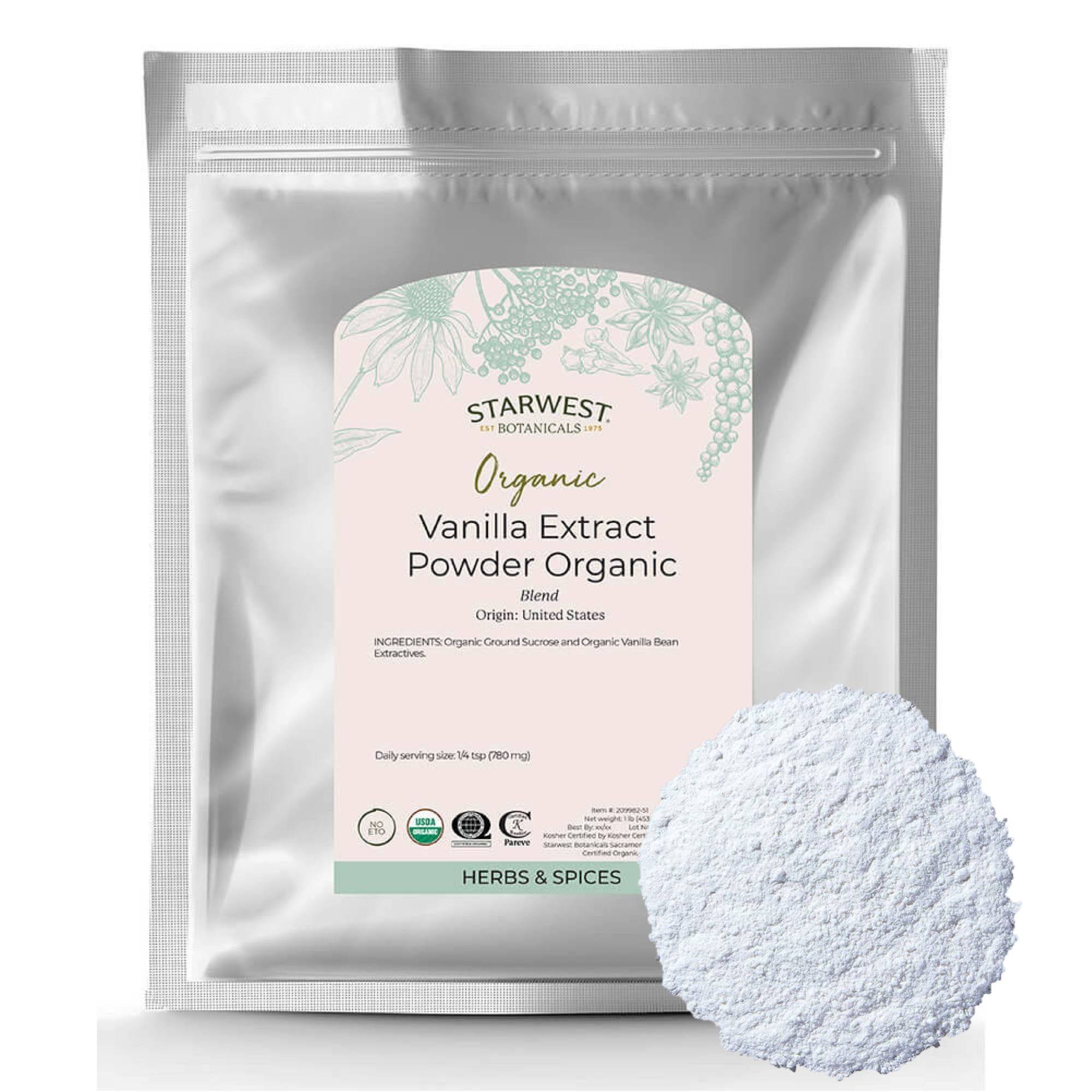Starwest Botanicals Organic Vanilla Extract Powder packaging ready for bulk use.