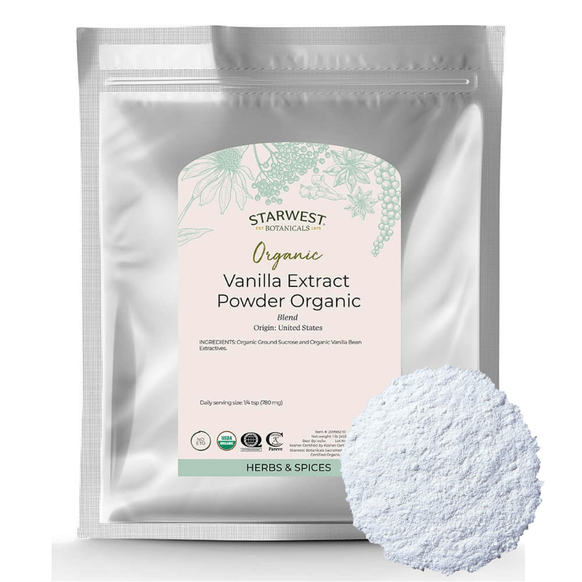 Starwest Botanicals Organic Vanilla Extract Powder packaging ready for bulk use.