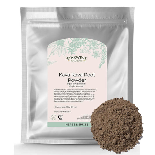 Starwest Botanicals Kava Kava Root Powder bag front, ideal for calming tea blends.