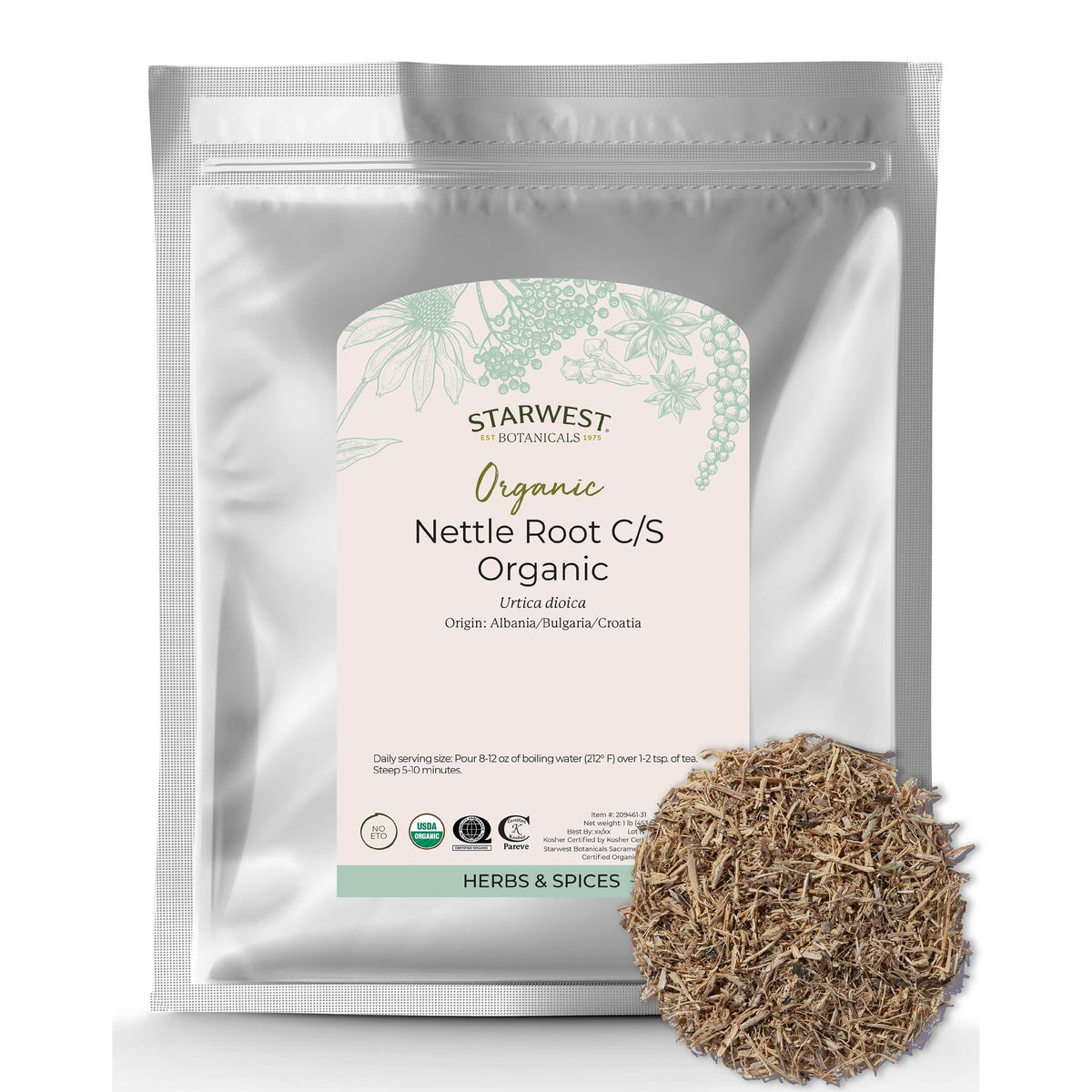 Starwest Botanicals nettle root dried bag shows rich earthy aroma ideal for soups.