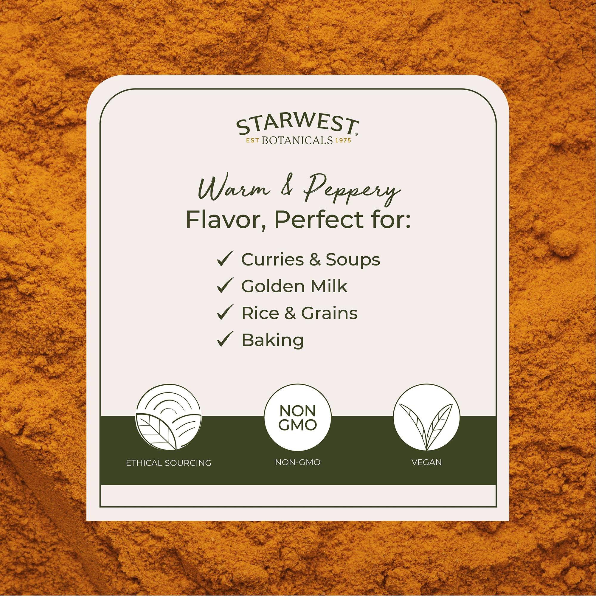 Starwest organic turmeric powder on spice rack for everyday seasoning.