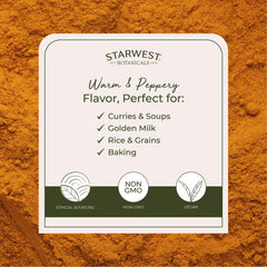 Starwest organic turmeric powder on spice rack for everyday seasoning.