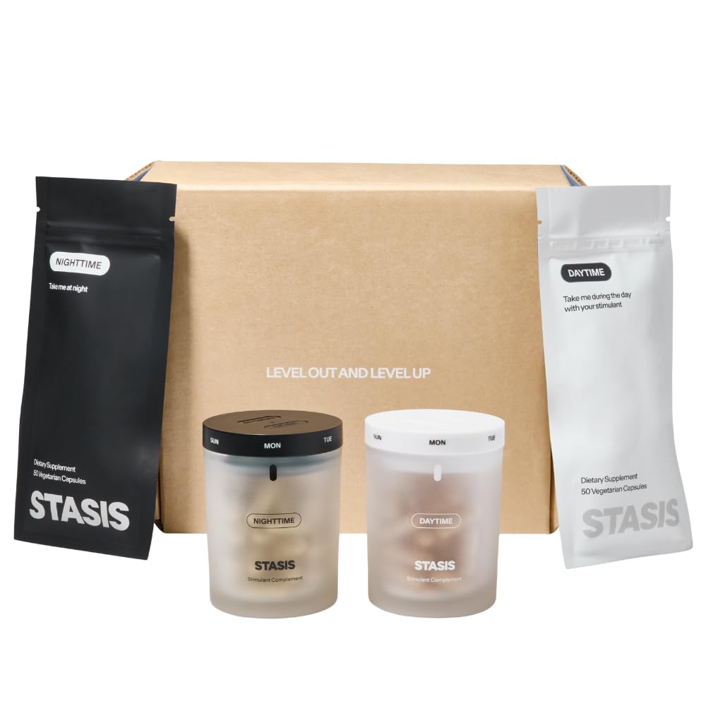 STASIS Day bottle front with daytime capsules for focused daytime routines