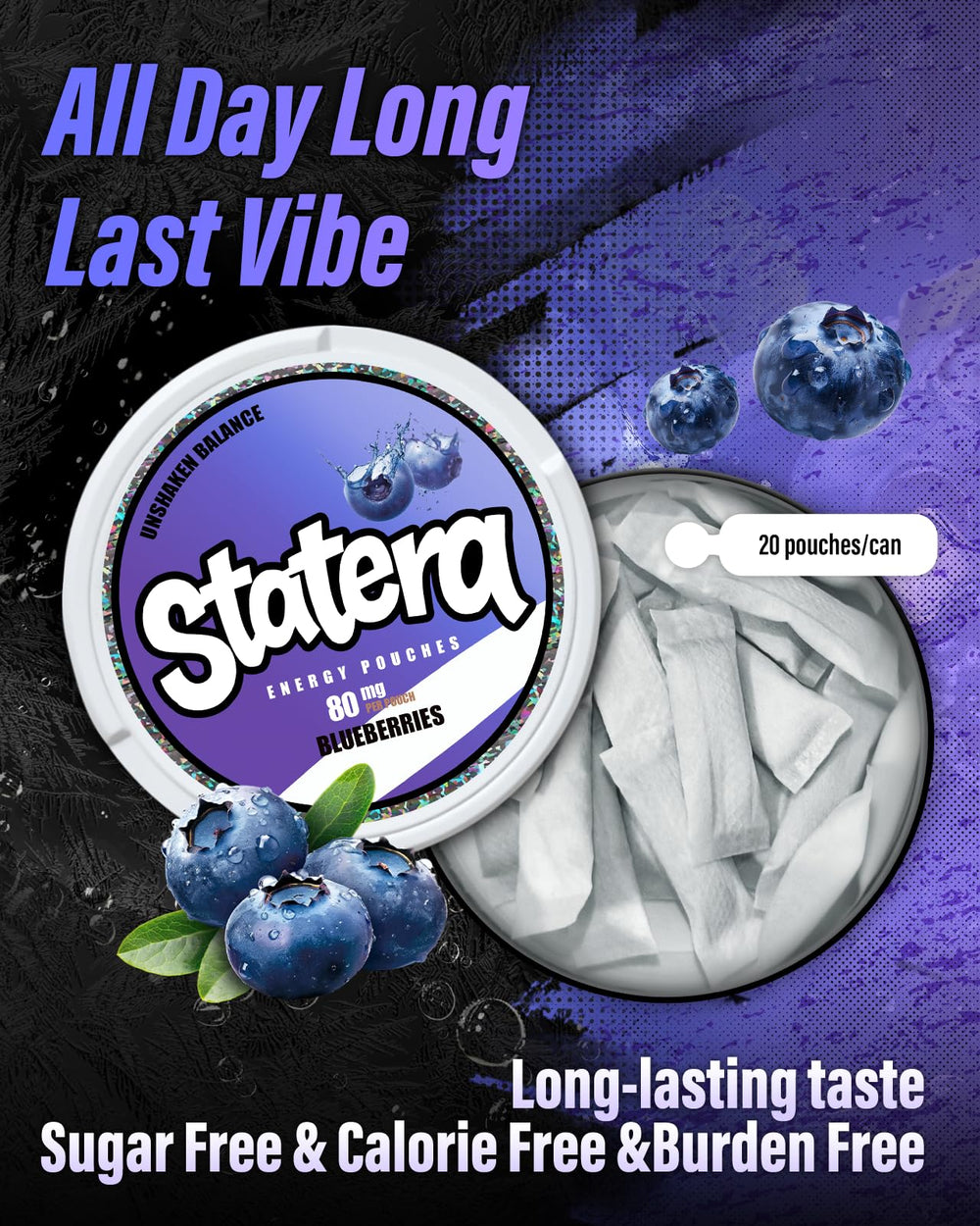 Statera Energy Pouches blueberry can showing portable energy on the go.