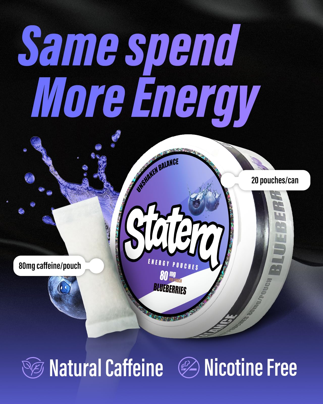 Statera Energy Pouches blueberry flavor close-up highlights aroma.