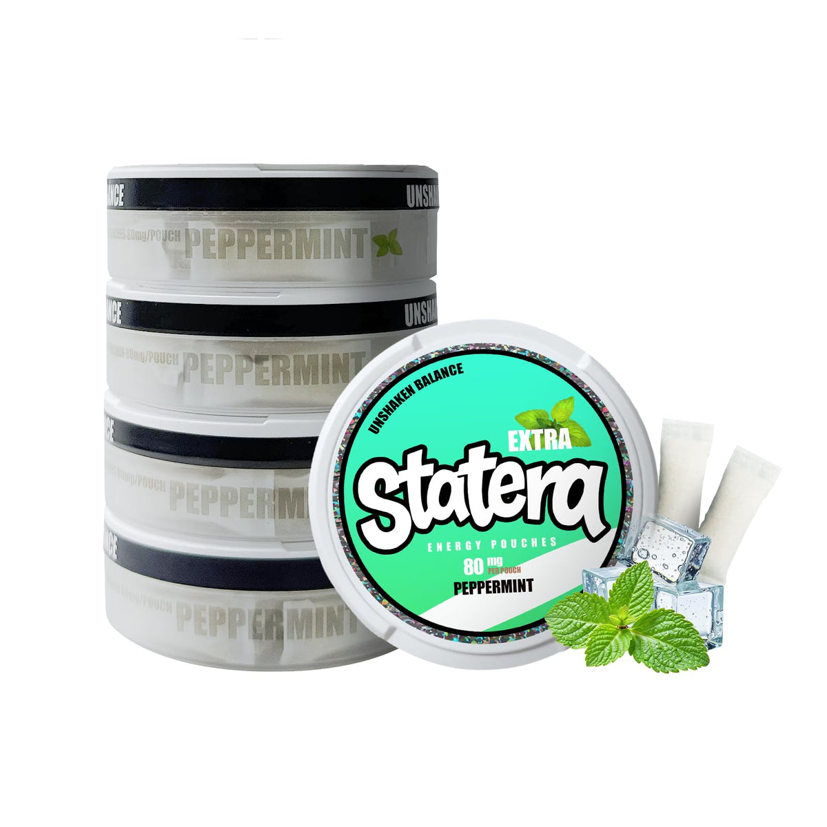 Statera energy pouches exterior can, convenient on-the-go energy in a 5-pack.
