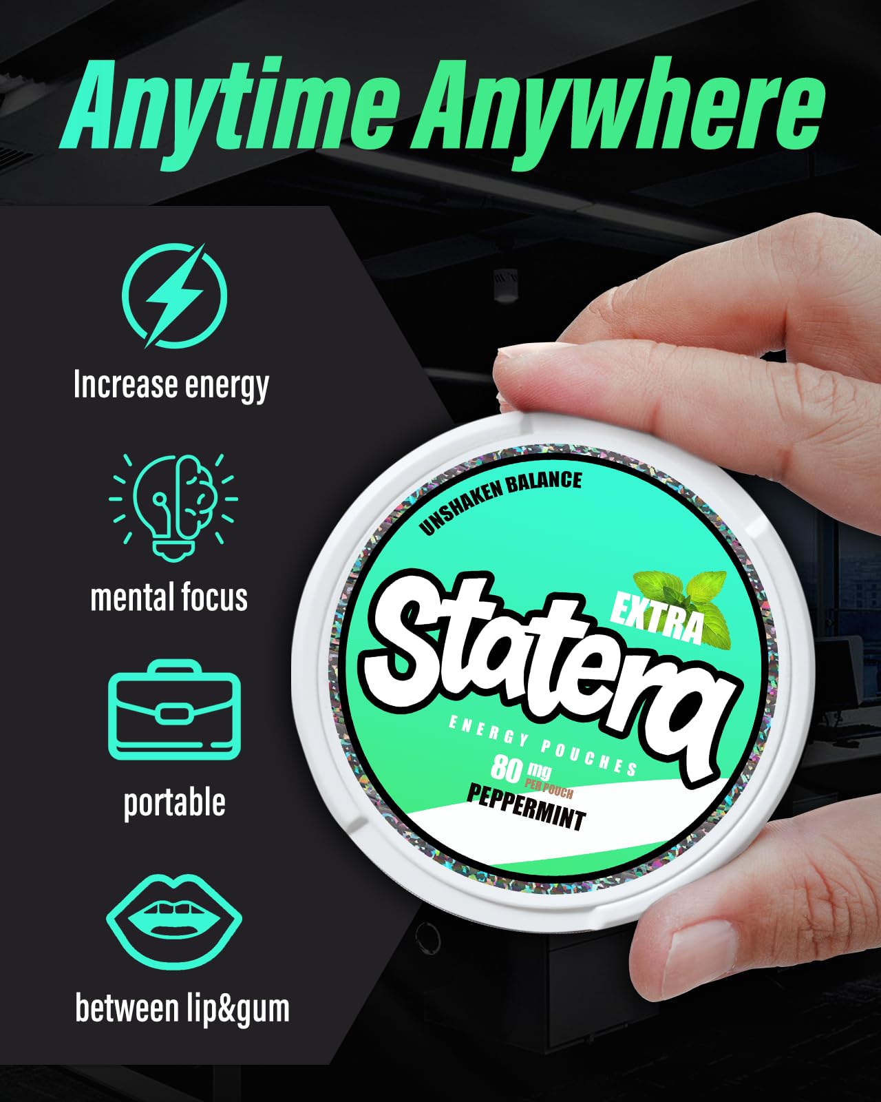 Statera energy pouches in-mouth usage demonstrating quick, discreet energy.