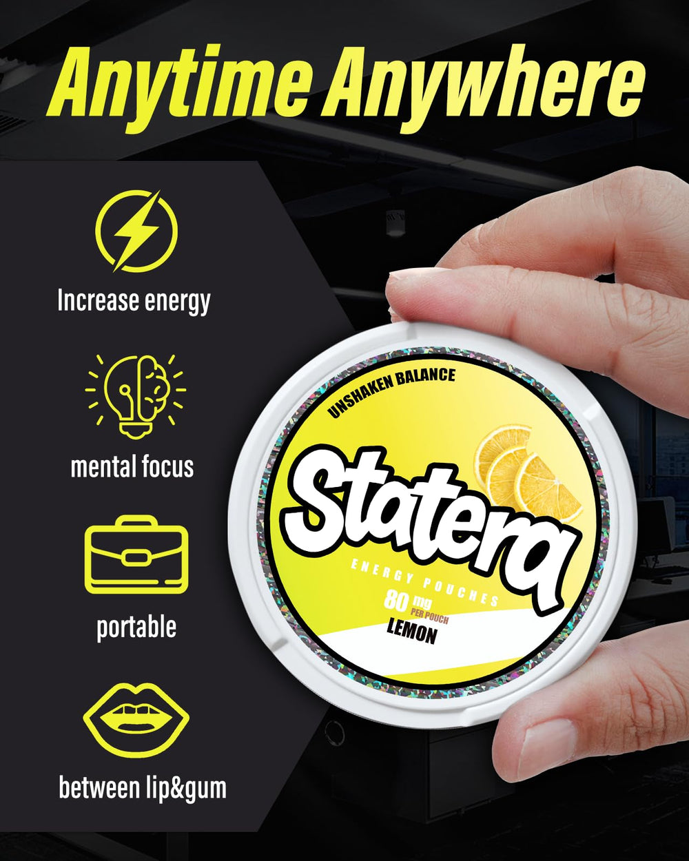 Statera Energy Pouches Lemon can back view highlighting caffeine content.