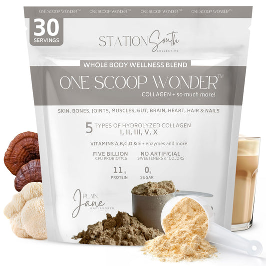 Station South Collective hydrolyzed multi-collagen powder bottle for daily wellness.