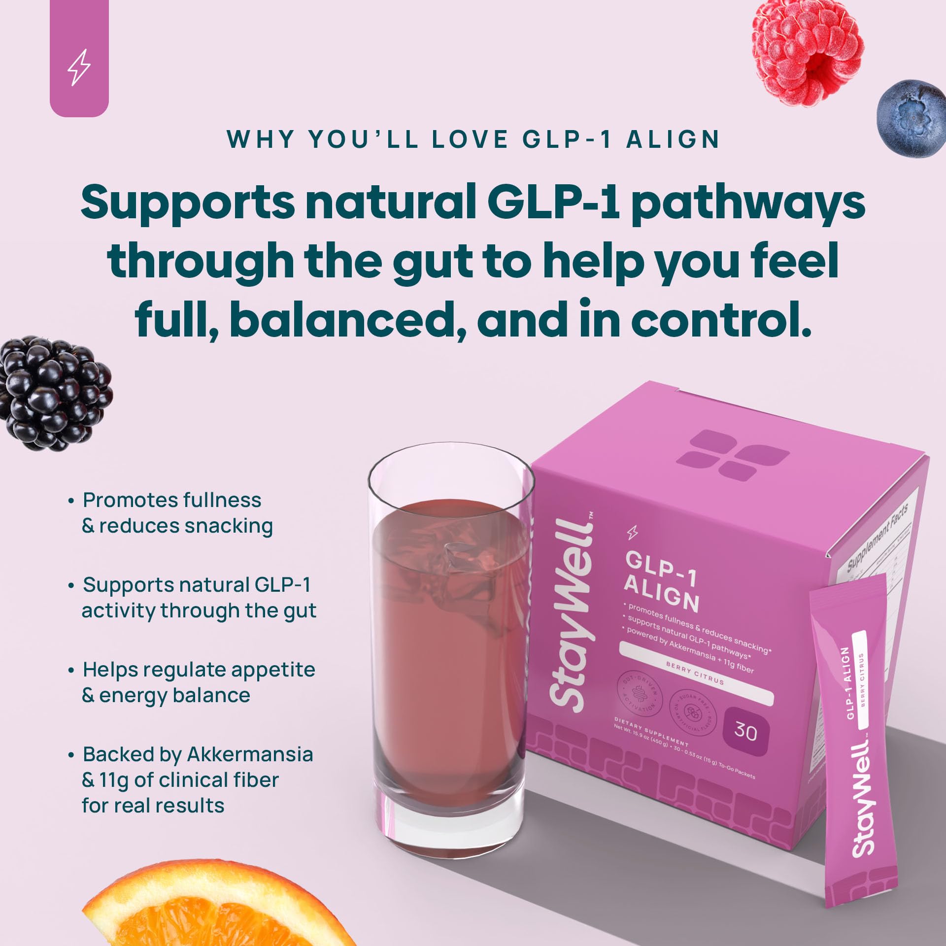 Stay-Well Naturals Berry Citrus drink mix in a glass, ready to blend into daily routine.