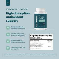Stay-Well Naturals curcumin bottle shows 500 mg daily antioxidant support