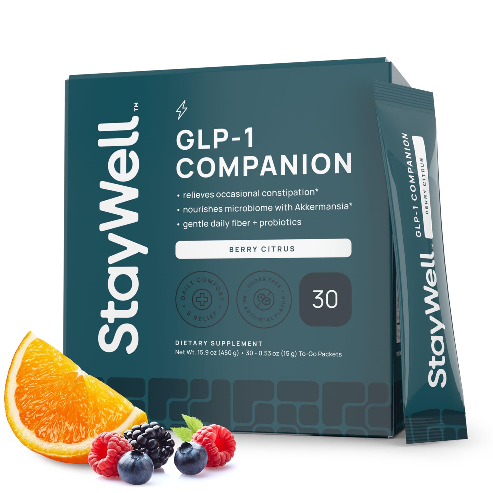 Stay-Well Naturals GLP-1 Constipation Support bottle in Berry Citrus promotes digestive balance.