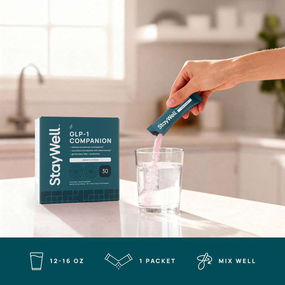Stay-Well Naturals GLP-1 Constipation Support Berry Citrus flavor, zero added sugar.