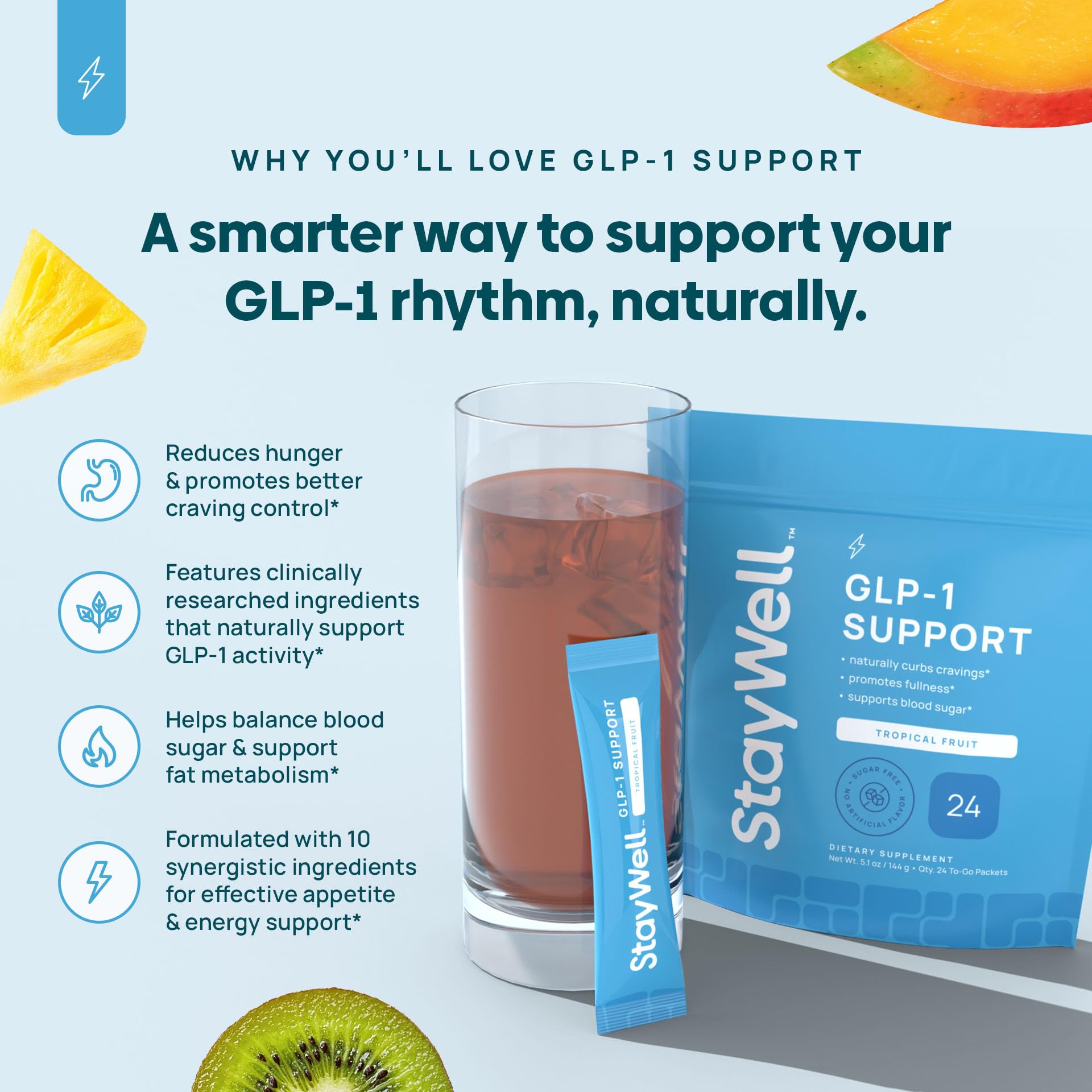 Stay-Well Naturals GLP-1 drink serving glass emphasizes easy mixing and refreshing taste.