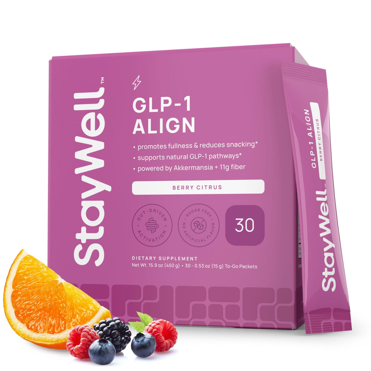 Stay-Well Naturals GLP-1 Probiotic bottle with Berry Citrus flavor for daily gut-friendly support.