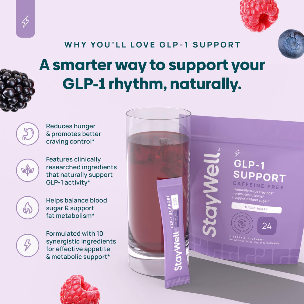 Stay-Well Naturals GLP-1 mixed berry powder ready to blend into a refreshing beverage.