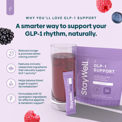 Stay-Well Naturals GLP-1 mixed berry powder ready to blend into a refreshing beverage.