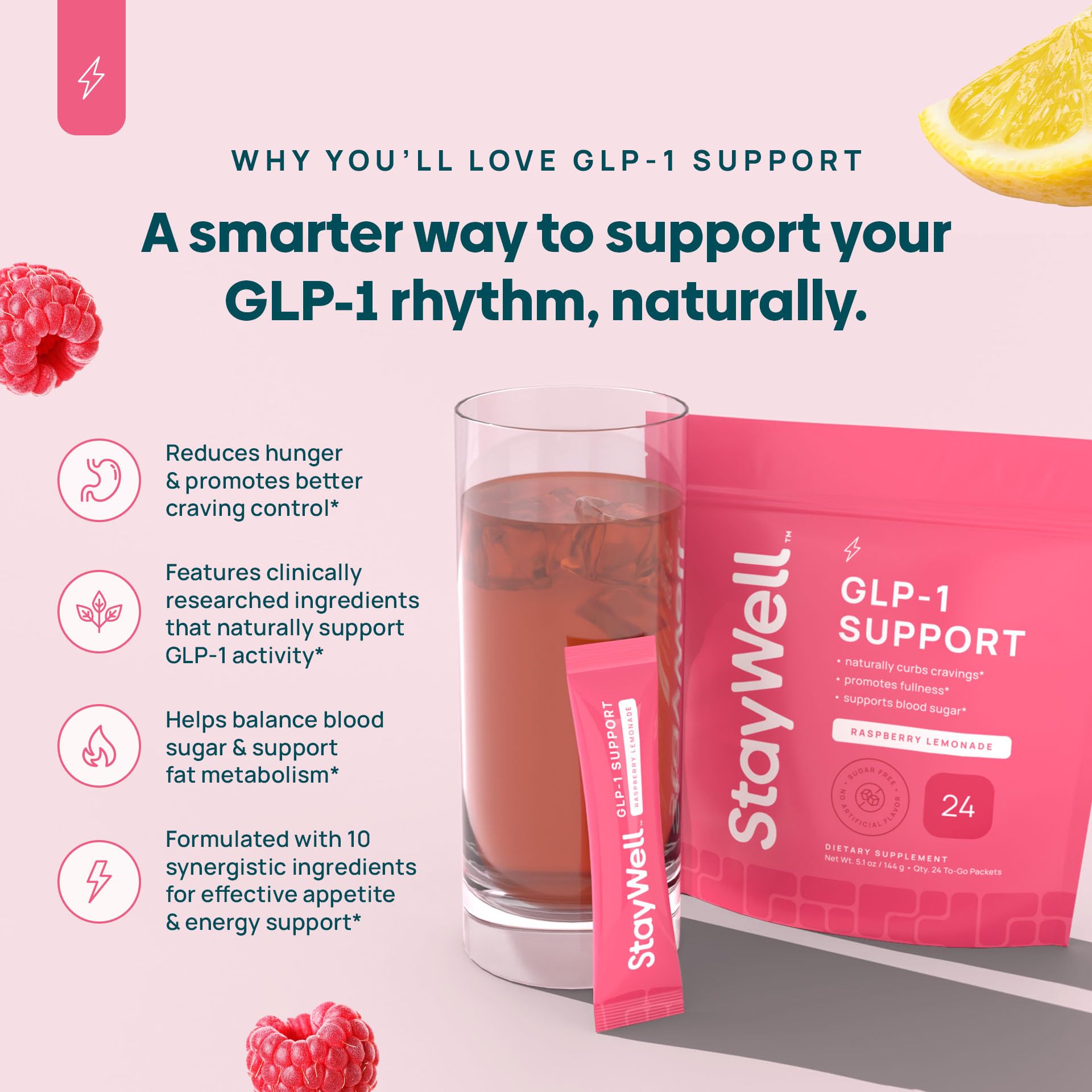Stay-Well Naturals GLP-1 supplement pour into glass for raspberry lemonade flavor.