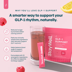 Stay-Well Naturals GLP-1 supplement pour into glass for raspberry lemonade flavor.